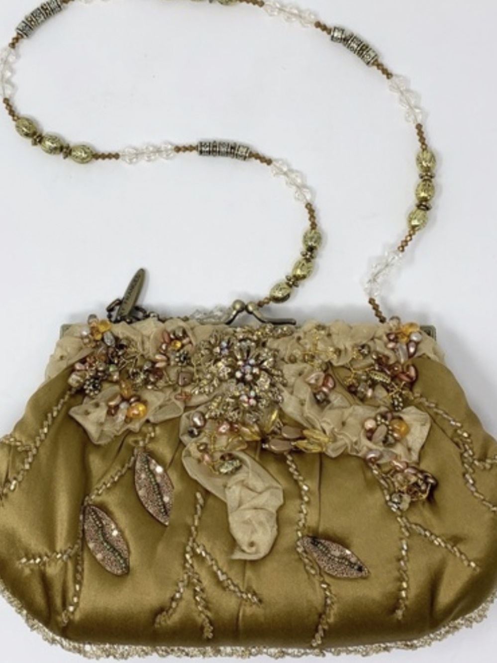 Mary Frances Gold Beaded Floral Satin Frame Clutch